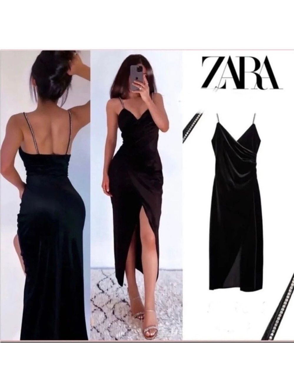 Zara festive days black velvet rhinestone spaghetti strap wrap dress formal NWT